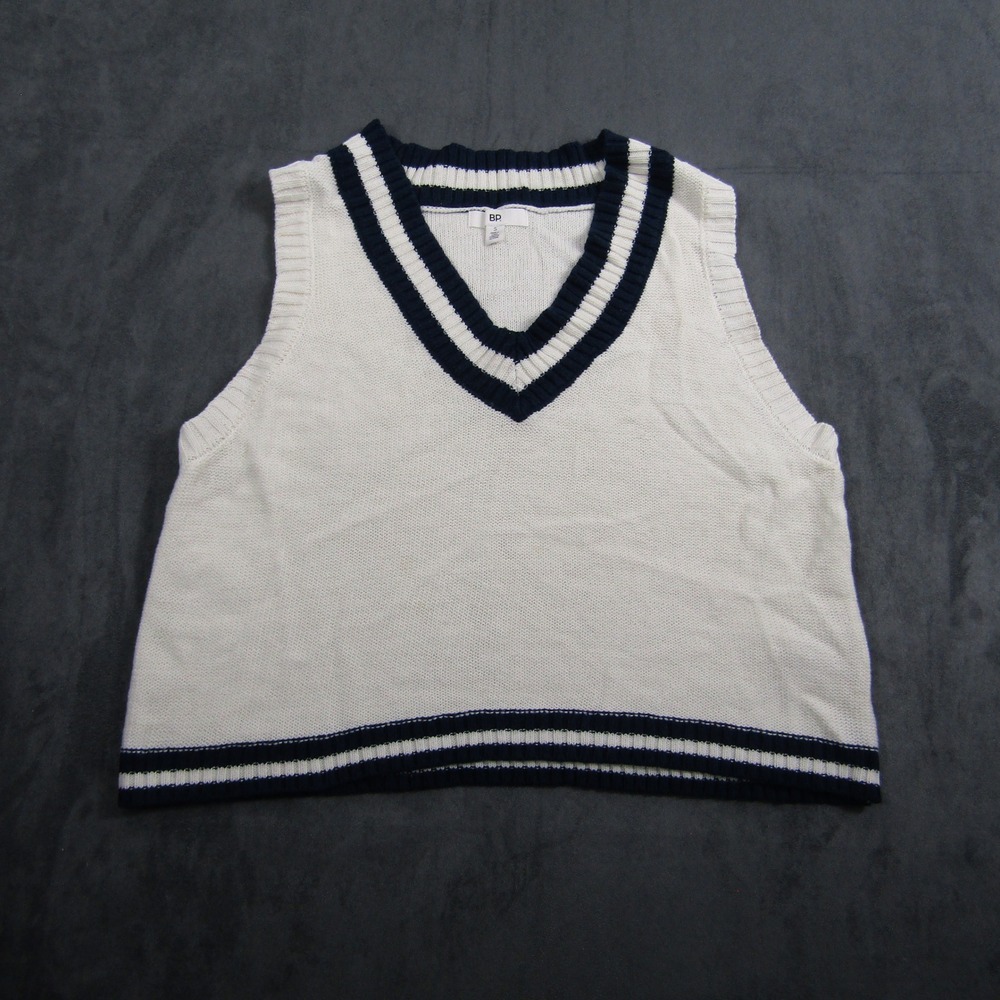BP Sweater Vest Women Small White Navy Blue V-Neck Varsity Stripe Knit Cropped